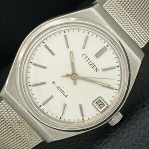 Vintage 1990 Citizen Manual Mens Silver Watch W/date & White accents